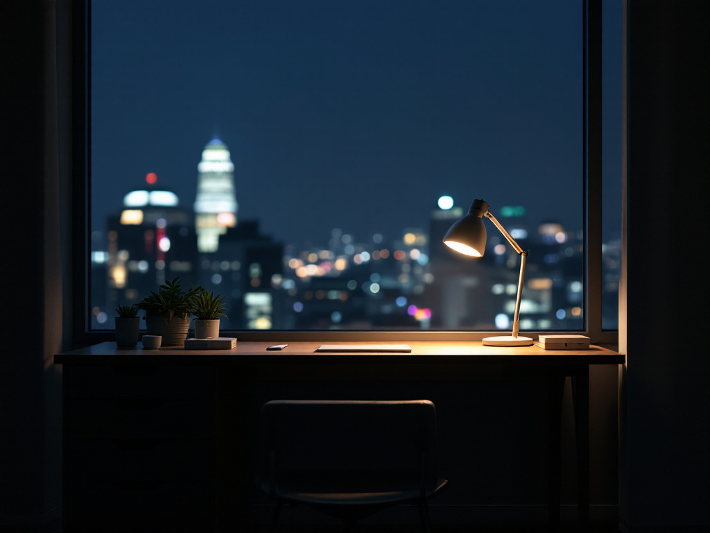 夜のオフィスで一つだけ灯るデスクライト