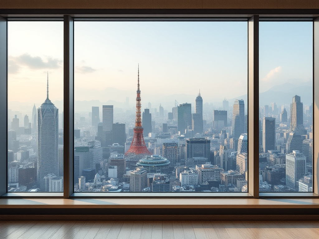 高層階の窓から見える朝の街