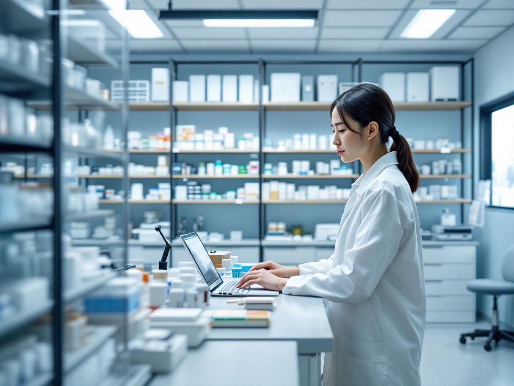 薬剤師が薬棚の並ぶ調剤スペースでノートパソコンを使いながら在庫や記録を確認する様子